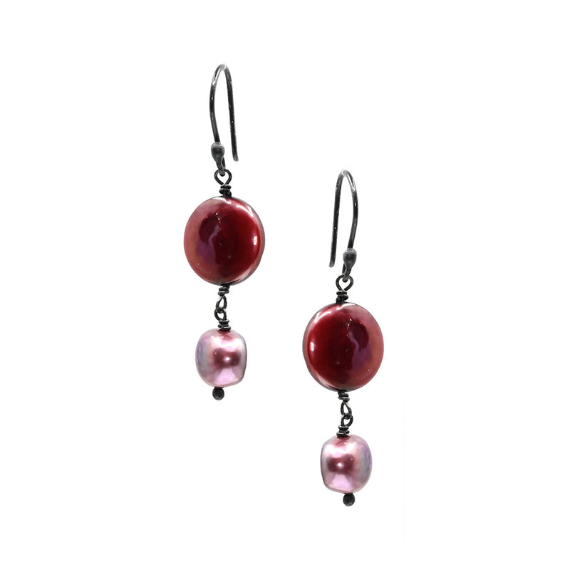 Earrings-Pearls, Red and Pink